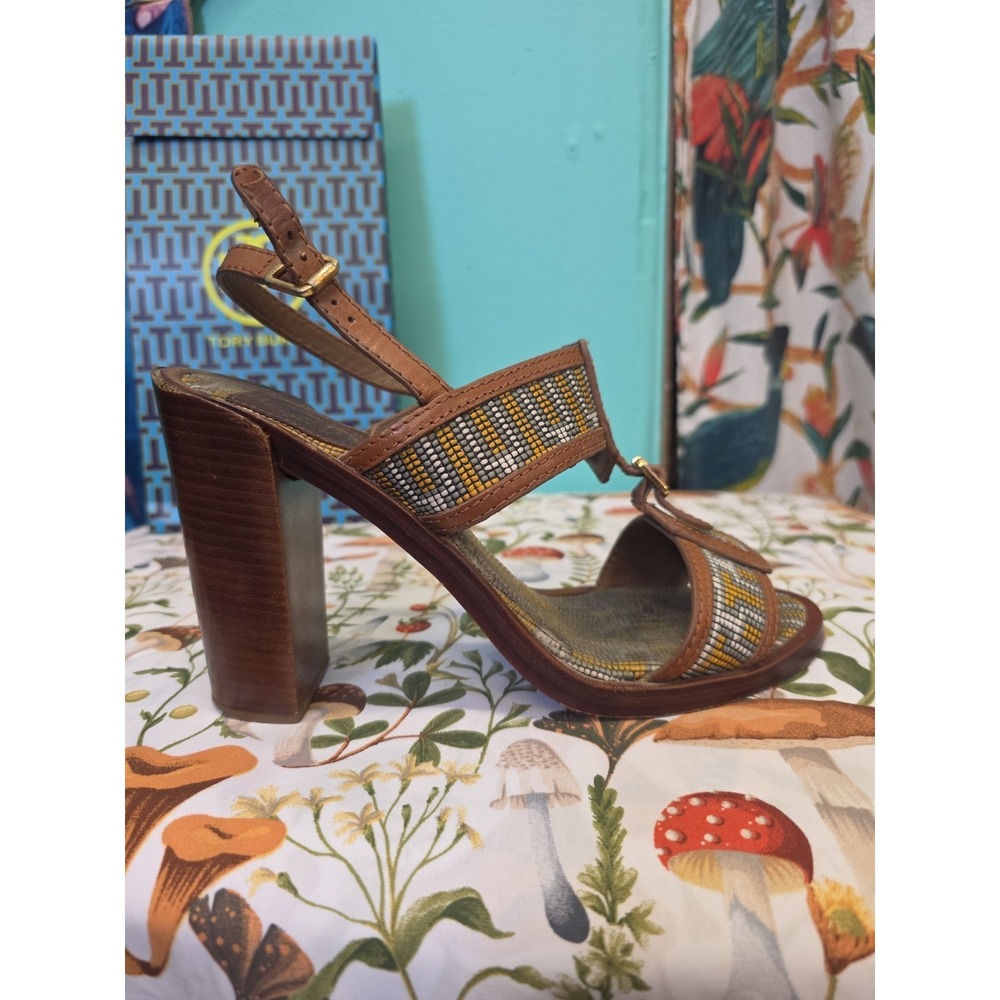 Tory Burch Florian Aztec Block Heel Sandals Tan Leather Ankle Strap Women 9 M - Picture 5 of 13